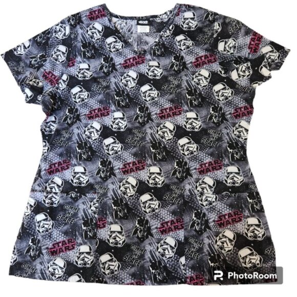 Scrub Nursing Top Lot of 2 Womens Med. Star Wars & 101 Dalmatians Uniforms - Picture 11 of 15